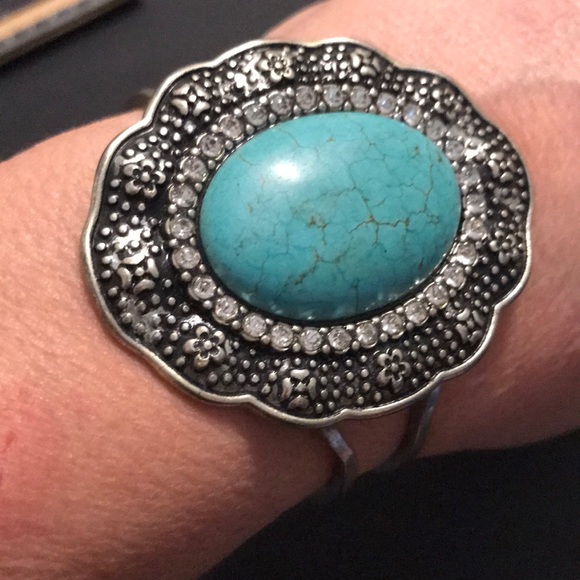 Hinged bracelet turquoise silver tone with crystals - Picture 1 of 6